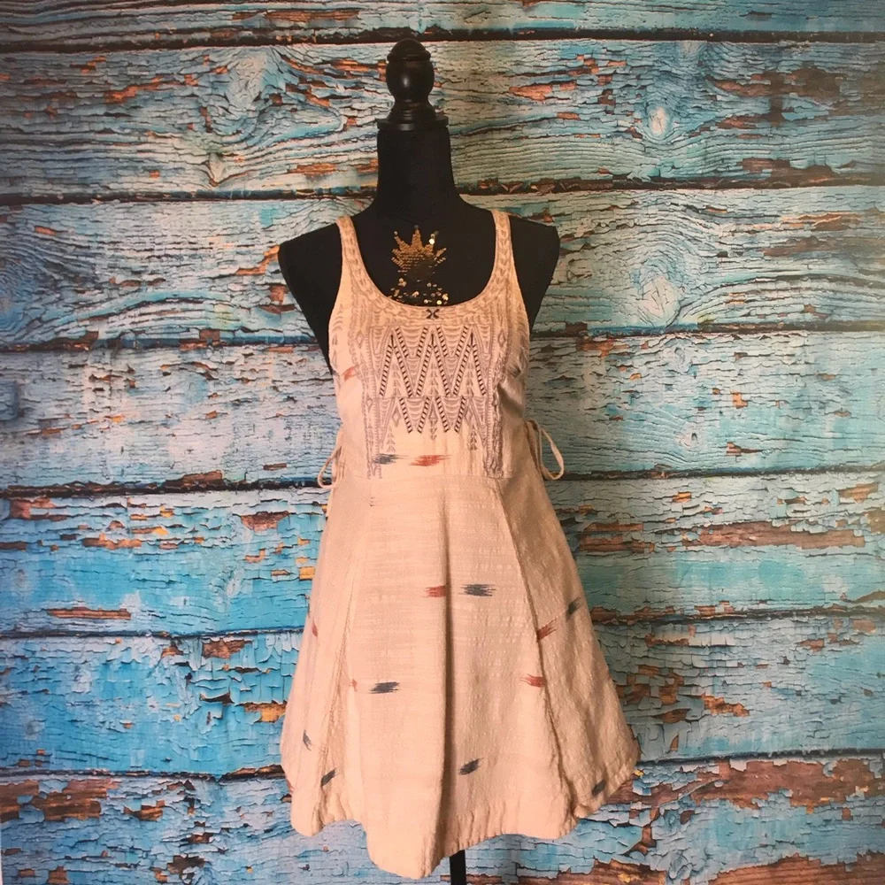 Free People Cream Textured Embroidered Sundress with Subtle Multi-Color Accents